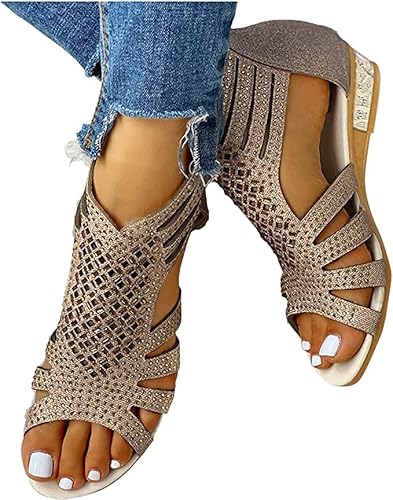 Jonuiony Women's Sandals, Comfort Walking Shoes, Non Slip Jeweled Bohemian Weight Slingback Flats Sandal, Summer Rhinestone Gladiator Flat Shoe, Open Toe Beach Summer Comfy Travel Shoes(Gold,8.5) #TOP23