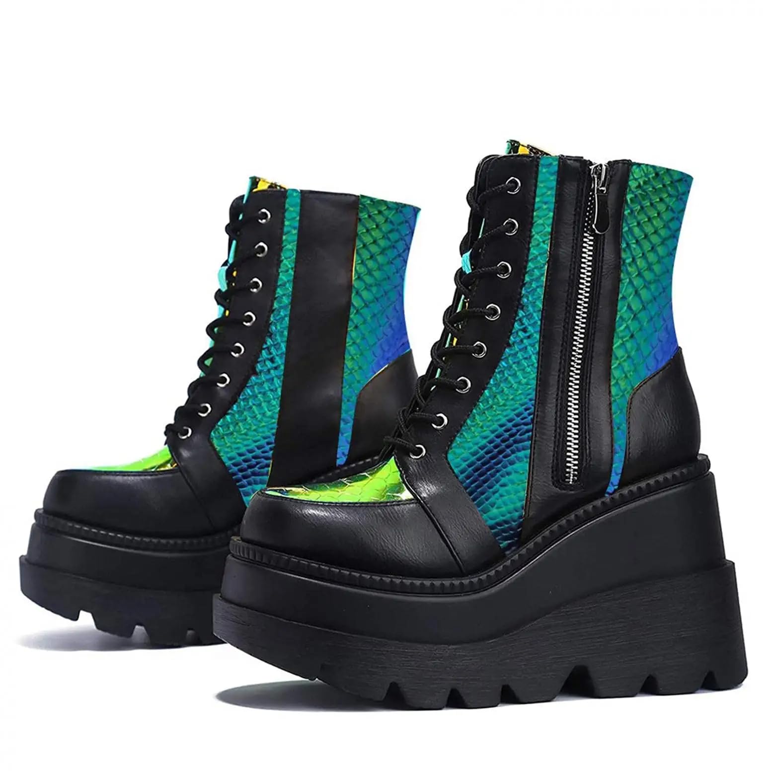 BORAMAX Women Platform Chunky Ankle Boots Punk Mid Calf For Women Zip Wedges High Heels Rave Buckle Thick Sole Goth Booties