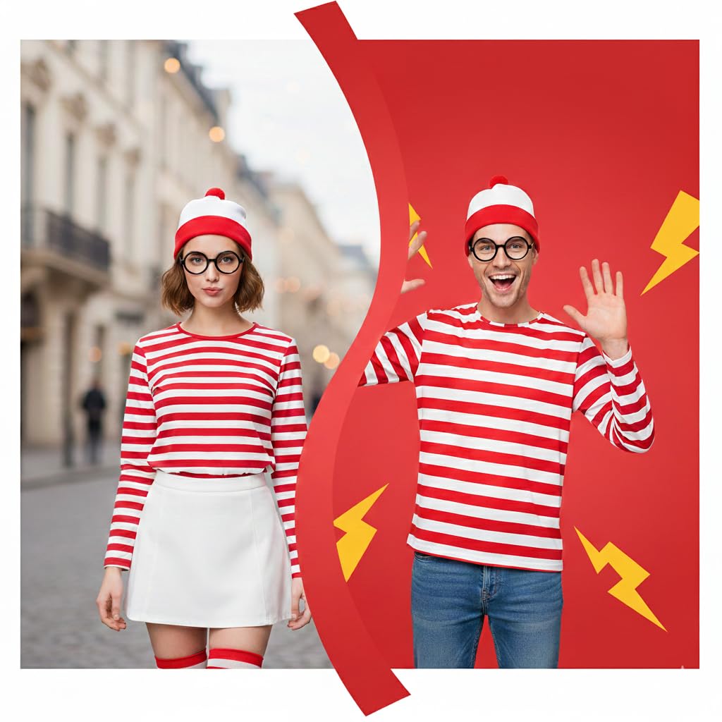 Zynthytic 7 Pcs Wally Costume for Kids Adults Red and White Striped T-shirt Cosplay Accessories with Bean Hat Magnifying Glass Scarf and Socks World Book Day Fancy Dress for Women Men(Women - Image 3