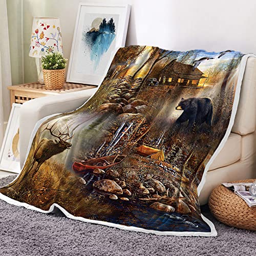 Rustikale Bauernhaus-Überwurfdecke, Bär, Elch, Lodge, Woodland, Fleecedecke, Landsee, Hütte, weiche Plüschdecke, 127 x 152 cm Cover
