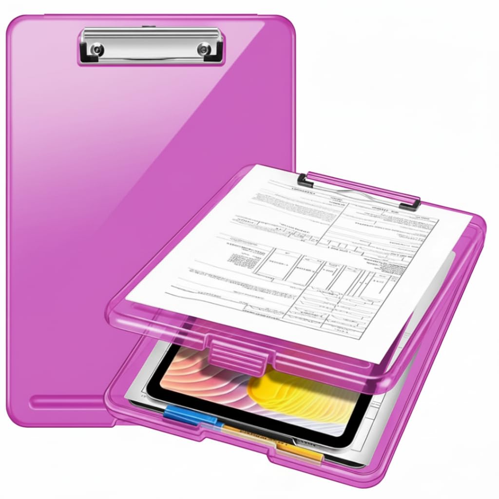 Yajnas A4 Size Clipboard with Storage Box | 180° Foldable Exam Pad & Writing Board | Heavy Duty Plastic File Folder with Pen Holder & Paper Storage for Students, Office & Field Use (Magenta)-image-1