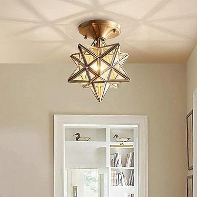 NSXBY Moravische ster plafondlamp, Flush Mount koperen Celing lamp gezaaid glas Marokkaanse E27 kroonluchter voor keuken foyer-goud en brons met glas 20 cm photo 2