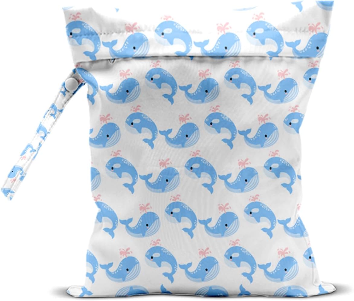 Wet Dry Bag for Swimsuit and Towels for Swimsuit Travel Beach Pool Diapers Dirty Yoga Gym Clothes Hook to Stroller Makeup Bag Waterproof Cute Whale Decor