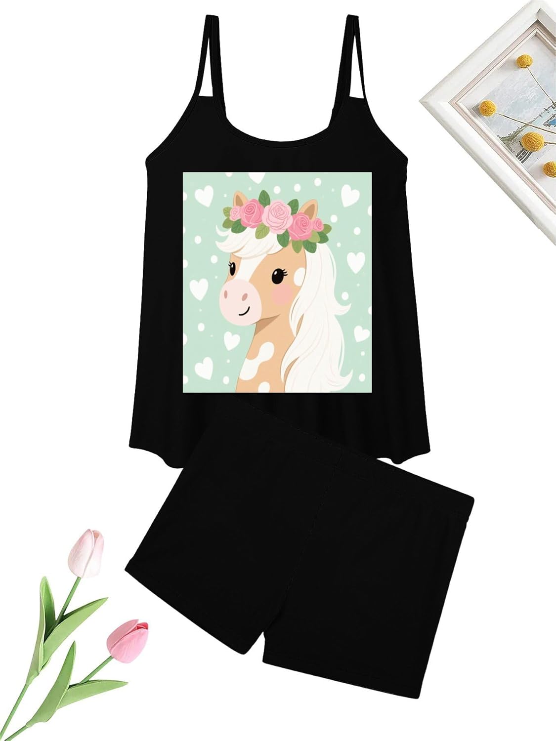 Cute Horse with Flowers Tankini Swimsuits for Women Tummy Control Two Piece Bathing Suits Swim Tops with Boy Shorts