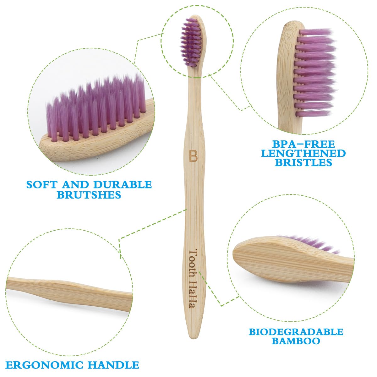 10 cepillos de dientes Banboo ecológicos y biodegradables para adultos | Juego de cepillos de dientes de viaje de madera orgánica vegana con embalaje reciclable | Diseño ligero y ergonómico