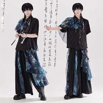 Chinese Clothing, 2-Piece Set, Men's, Chinese Clothing, Short Sleeve, Lapel, Patchwork, Front Opening, Button, Thin, Top, High Waist, With Ribbon, Deformation Pants, Loose, Wide Pants, Old