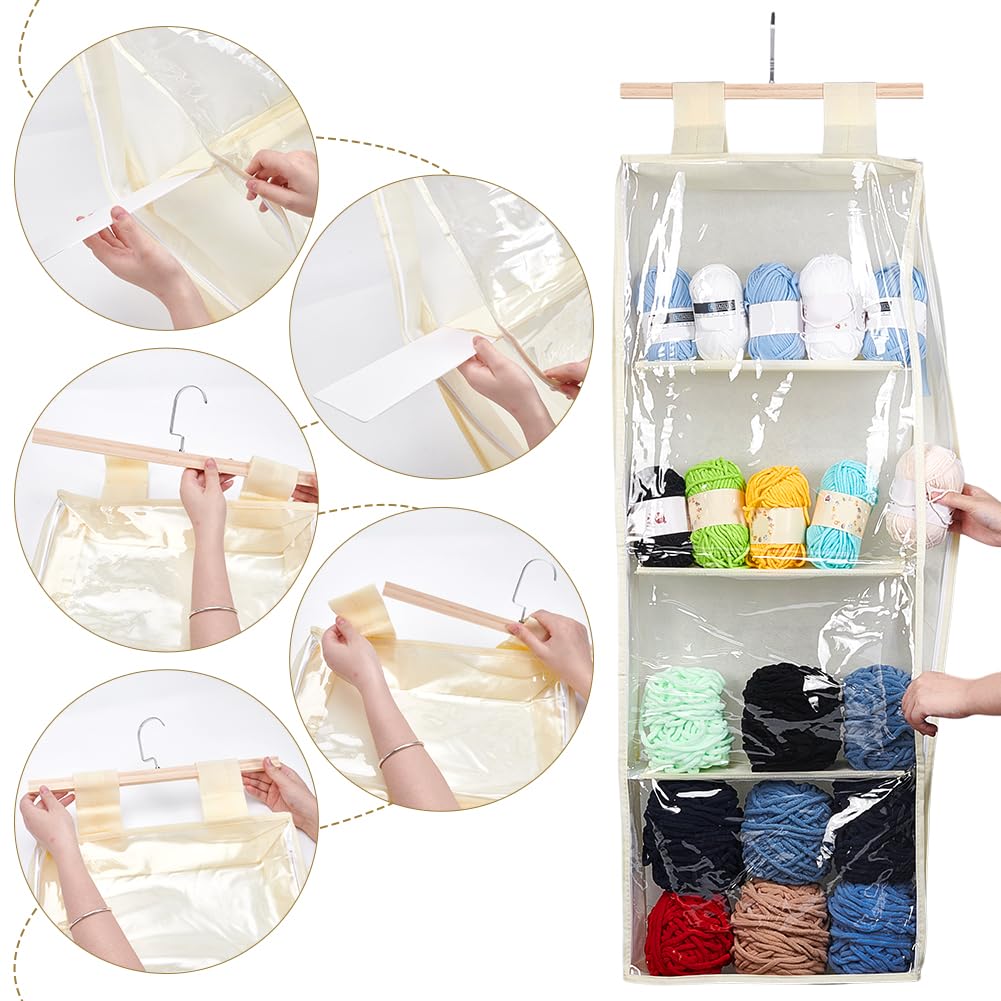 UNICRAFTALE Contenitore per filati da appendere con 4 grandi tasche trasparenti beige, organizer per maglieria, con chiusura lampo, supporto per indicatore di filo sopra la porta per gomitoli di