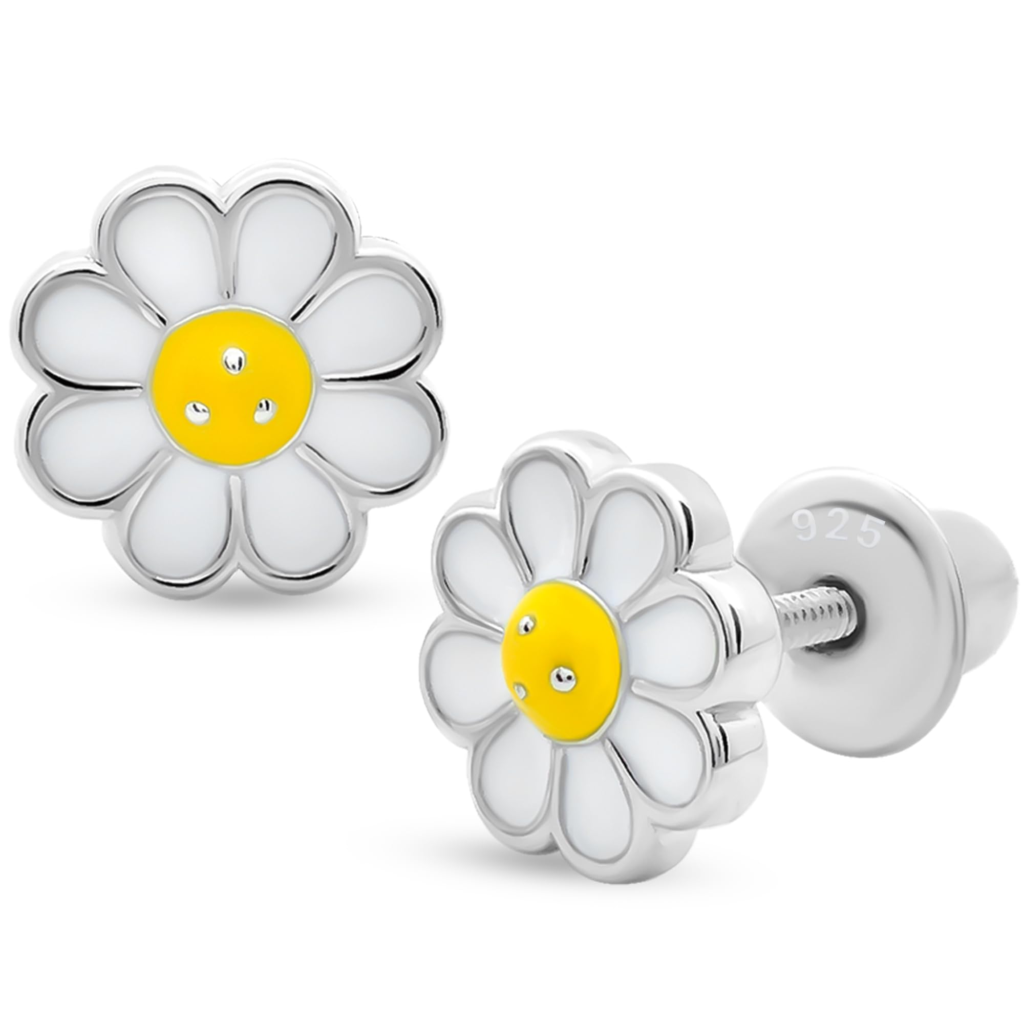 925 Sterling Silver Stud Earrings for Girls + Rhodium Plated + Safety Screw Back + Hypoallergenic - Stud Earrings for Baby Toddlers Little Teens Kids Earrings Jewelry Gifts