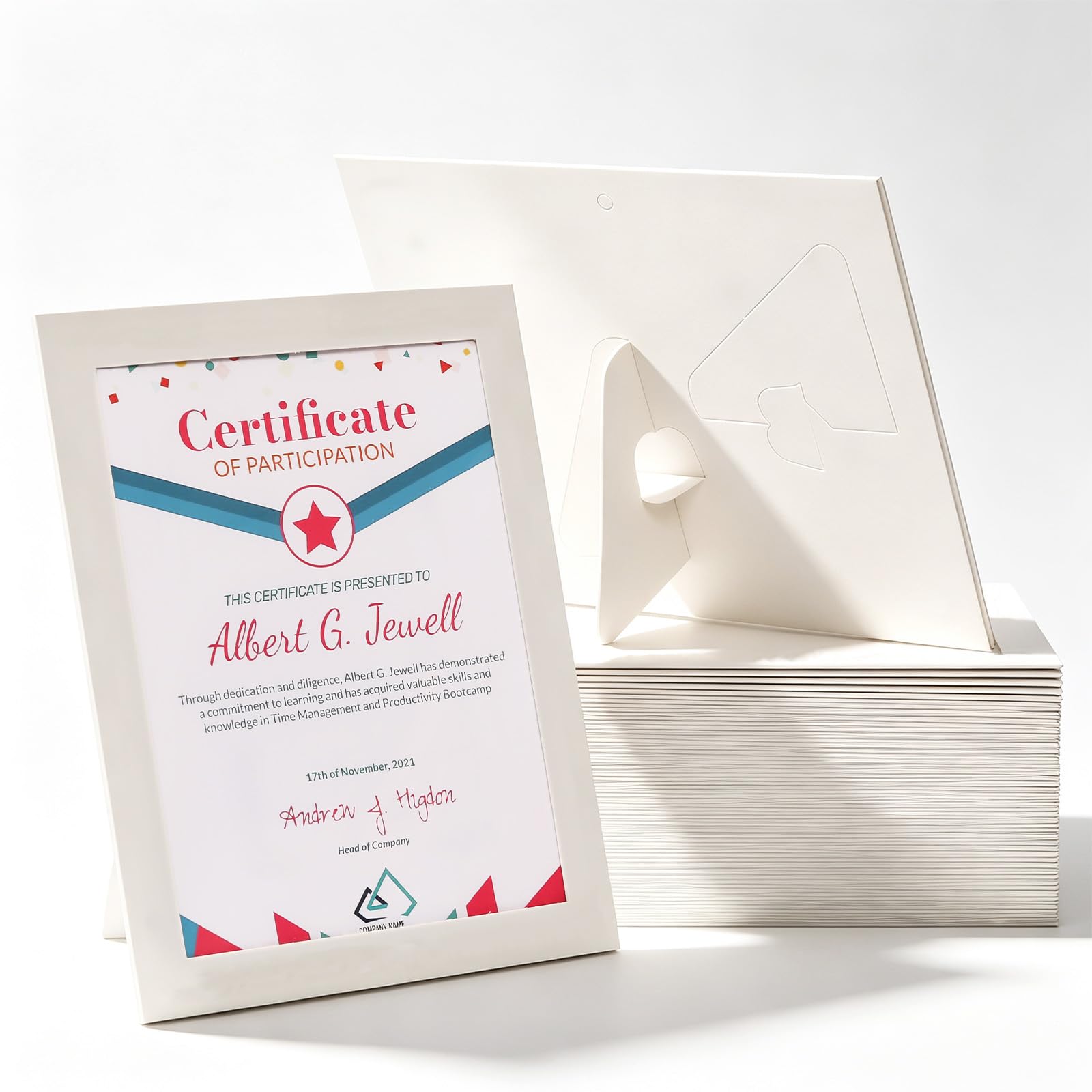 View 1 of 10 Pack 8.5 x 11 Inch Paper Certificate Frames, Horizontal & Vertical Dual Use Document Picture Frames with Easel Stand, Gallery Wall Display Cardboard Frames for Certificates, Diplomas, Awards, Artwork, Home Classroom Office Decor - White