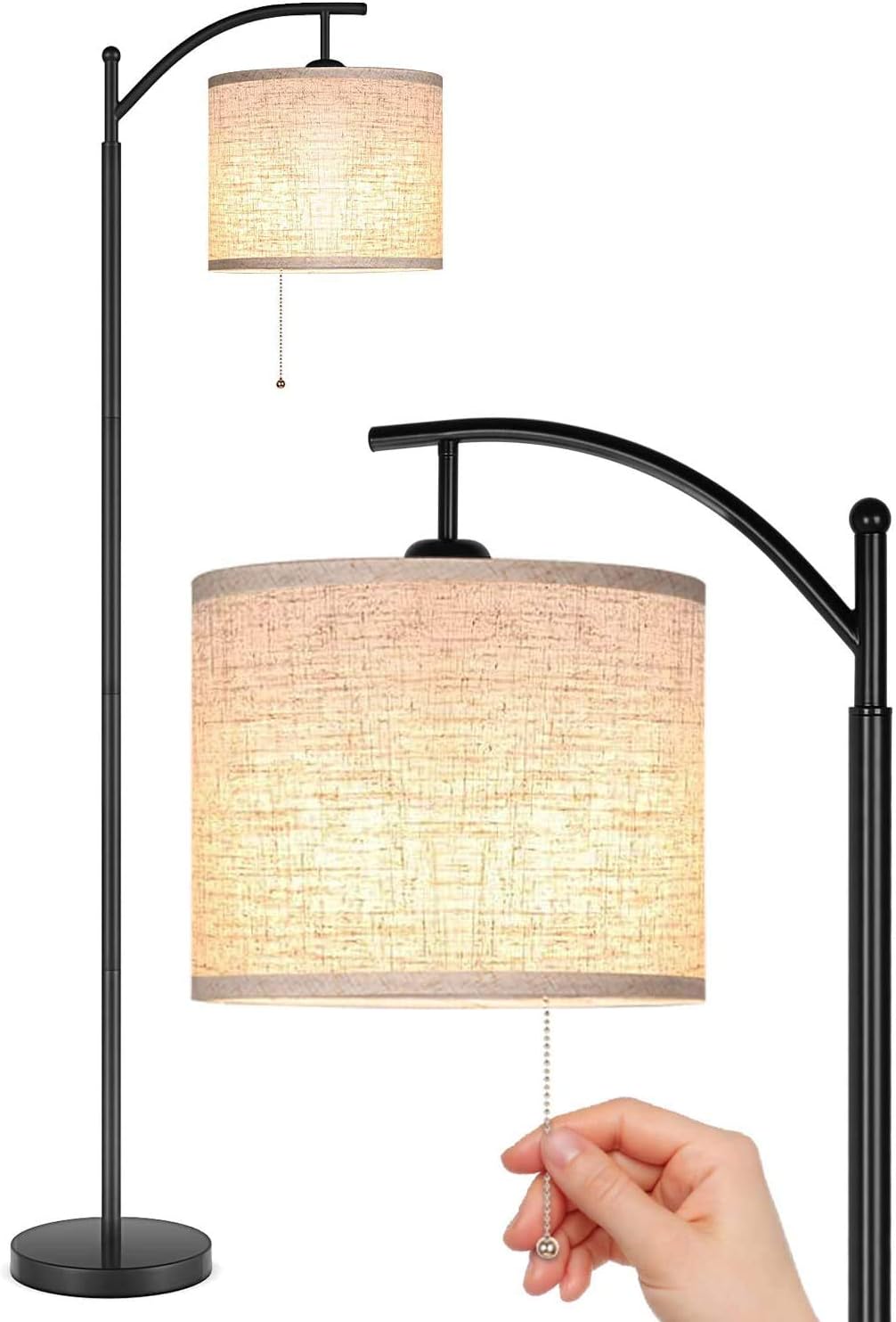 JOOFO Floor Lamp, Standing Floor Lamp with 9W LED Bulb and Hanging Lampshade, Pull Chain Switch, 3 Color Temperatures Floor Lamp for Living Rooms, Bedrooms (Matte Black)