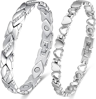 2PCS Magnetic Bracelets for Women Adjustable Titanium Steel Magnetic Bracelet with Strength Magnets Sizing Tool (Crystal & Love)