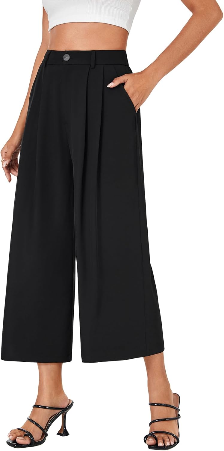 Vrtige Women's High Waist Pleated Wide Leg Cropped Trousers Pants with Pocket - Image 3
