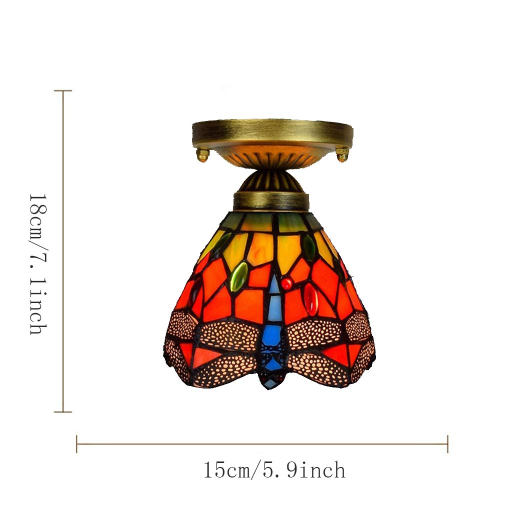 Tiffany-Stil Red Dragonfly Deckenleuchten Erröten-Einfassung Deckenleuchte Handgefertigte Glasmalerei LED-Nachtlicht für Schlafzimmer Wohnzimmer, E27,15CM