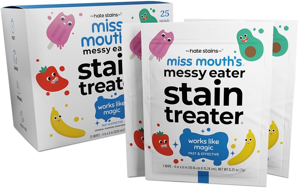 Messy Eater Stain Treater Wipes - 25 Pack Stain Remover - Newborn & Baby Essentials - No Dry Cleaning Food, Grease, Coffee Off Laundry, Underwear, Fabric
