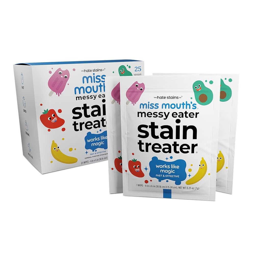 Miss Mouth\'s Messy Eater Stain Treater Wipes - 25 Pack Stain Remover - Newborn & Baby Essentials - No Dry Cleaning Food, Grease, Coffee Off Laundry, Underwear, Fabric