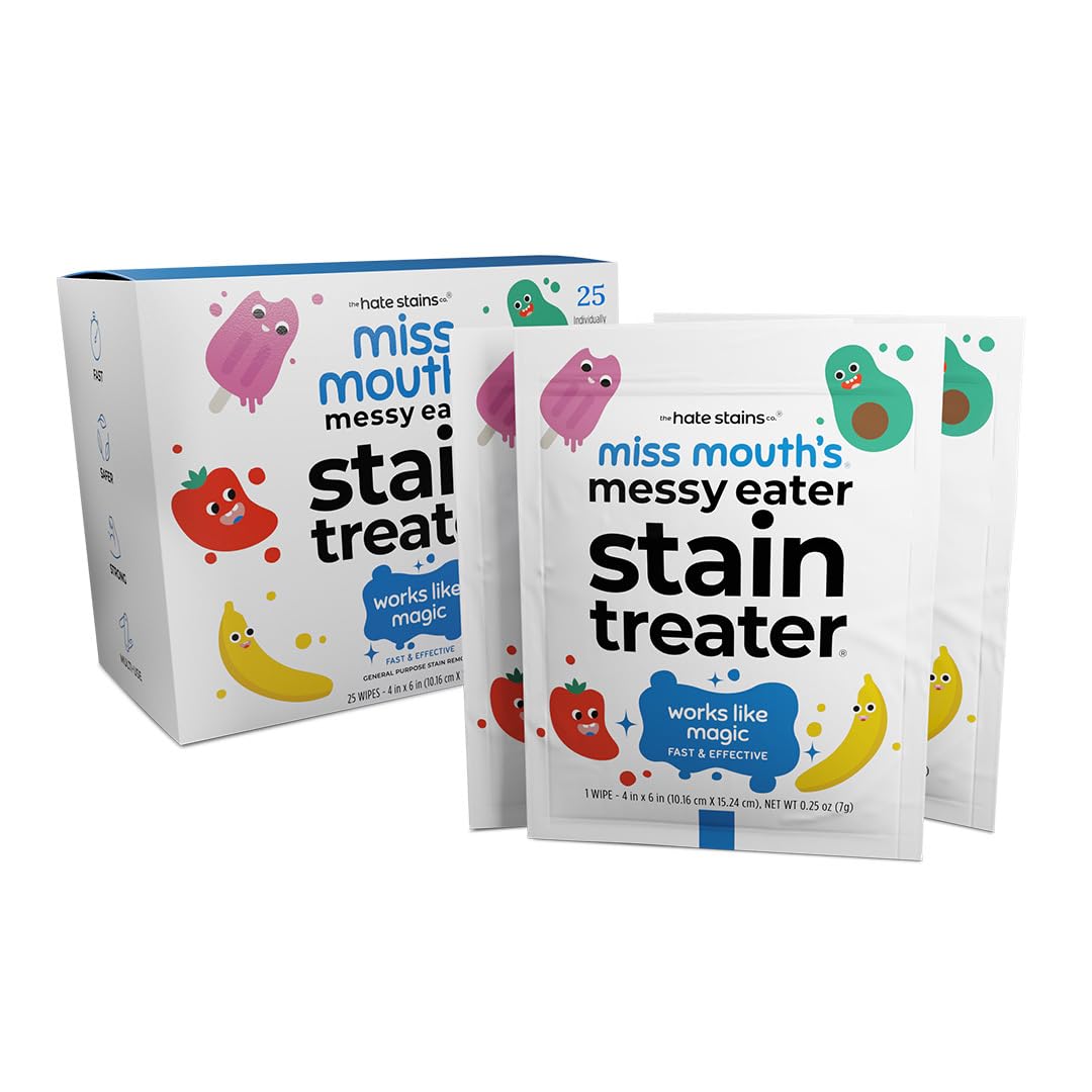 Miss Mouth'sMessy Eater Stain Treater Wipes - 25 Pack Stain Remover - Newborn & Baby Essentials - No Dry Cleaning Food, Grease, Coffee Off Laundry, Underwear, FabricEWG Verified