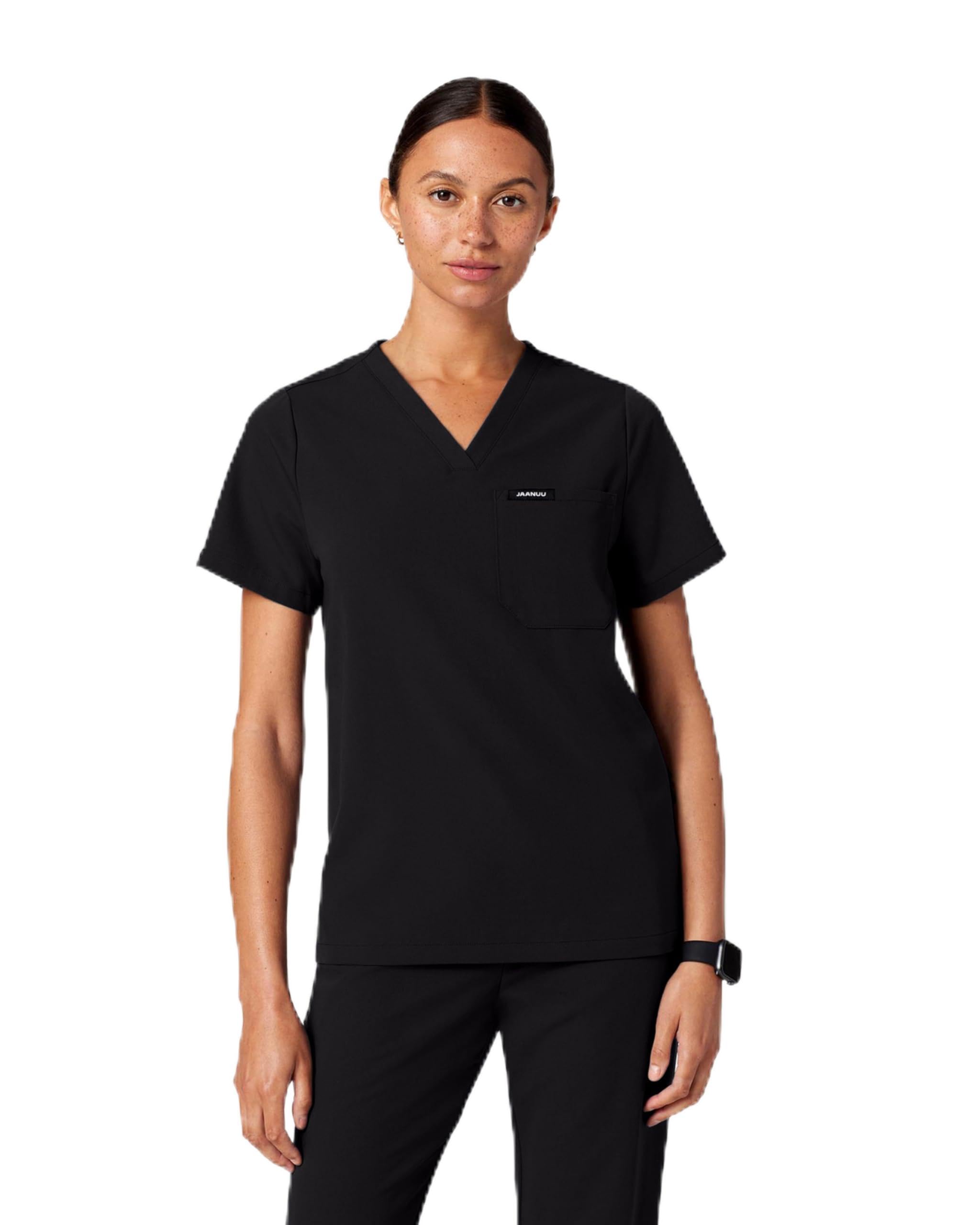 JAANUU Rhena Womens V-Neck 1-Pocket Scrub Top Soft UltraLAST Fabric Stretch Wrinkle Fade Resistant Medical Scrub Top