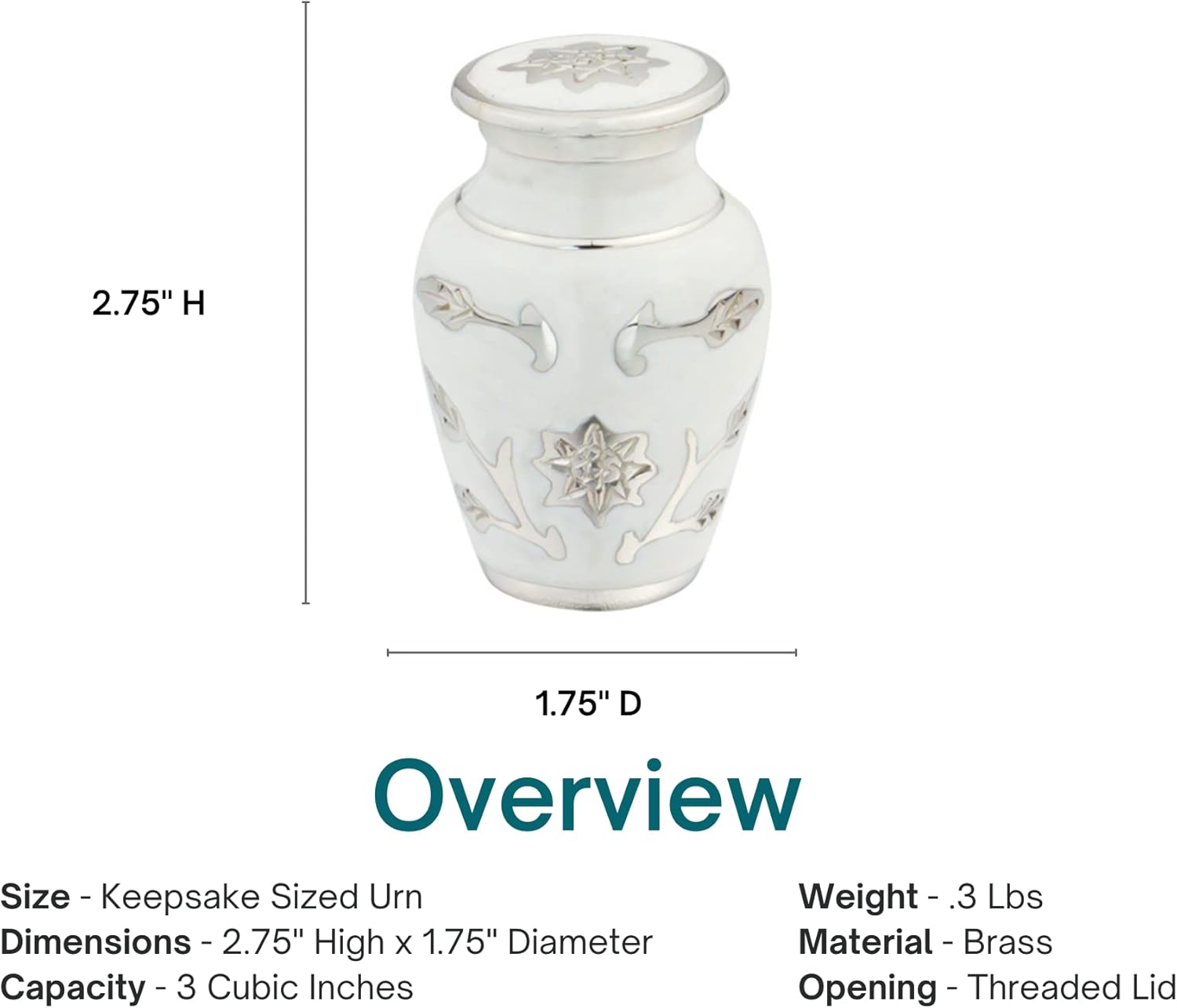 Grace White Keepsake Cremation Urn for Ashes, Brass, White and Silver Urn, Keepsake Sized Cremation Urn, 3 Inches High