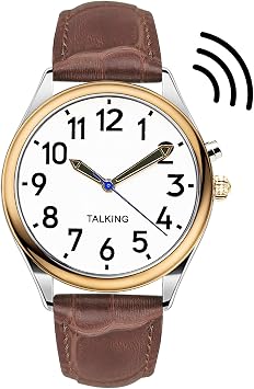 Men's English Talking WatchBrown Leather Watch Band Large Display & Loud Sound, Announces Time, Date & Alarm, Ideal for Elderly, Visually Impaired or Blind Users