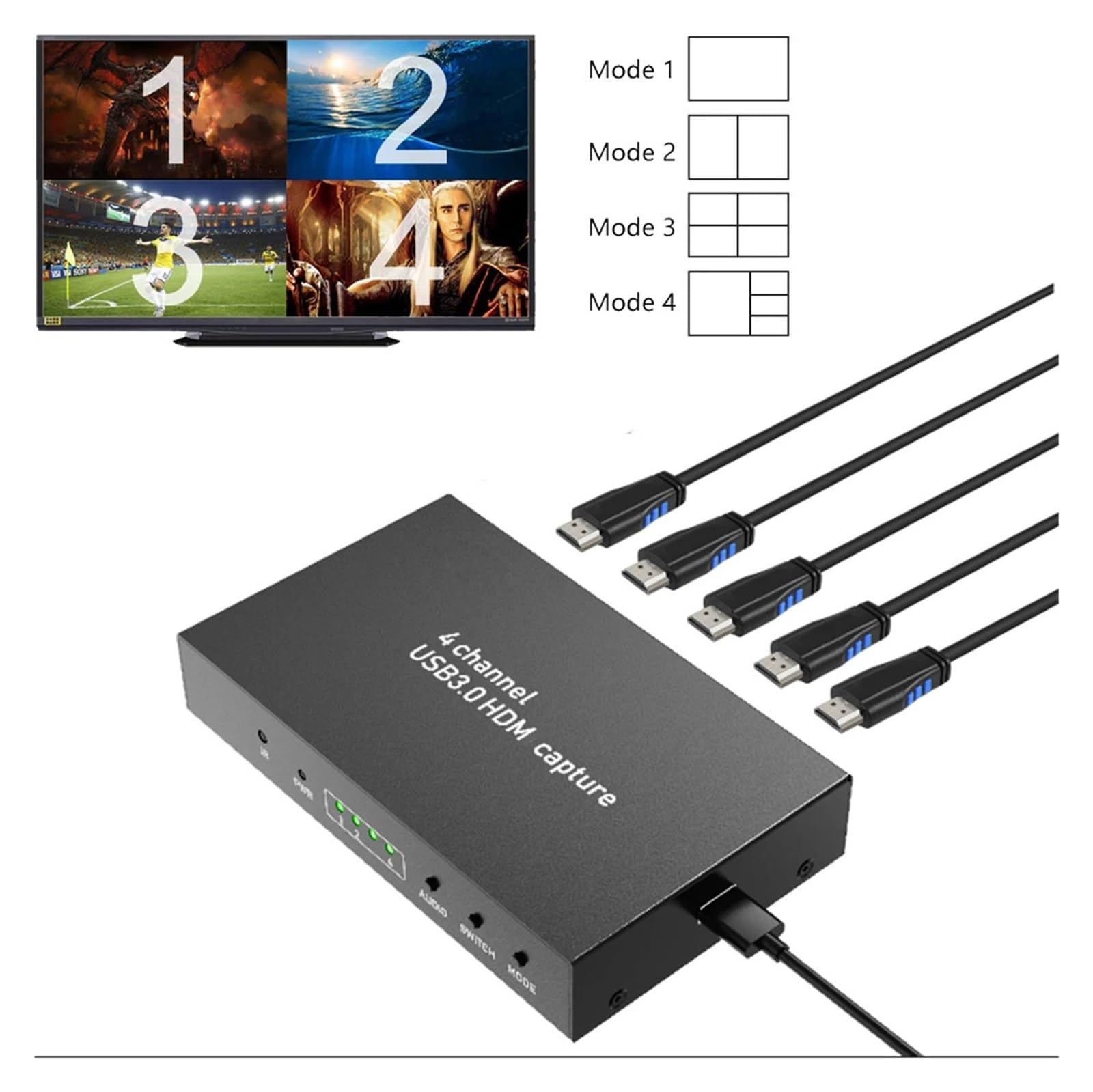 264 4x1 HD 1080P 60fps USB3.0 Carte de Capture vidéo Boîte d'enregistrement Jeu PC Multi-Viewer 4 canaux Commutateur d'écran pour Le Streaming de Jeux et l'enregistrement Multi-Sources