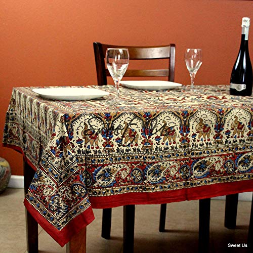 Sweet Us Block Print Tablecloth For Rectangle Tables 70X102 Beige Gold Red Blue Black Floral Paisley Elephant Cotton Kitchen, Dining Linen #TOP7