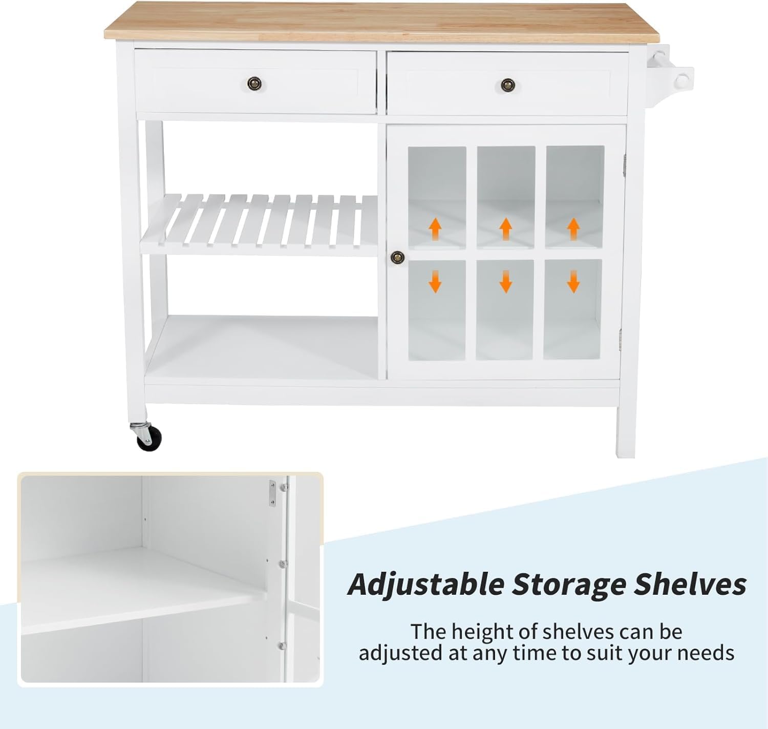 42" Kitchen Island Cart on Wheels, Rolling Storage Cabinet Station with Solid Wood Top, 2 Drawers, Towel Rack, Open Display Shelf, White