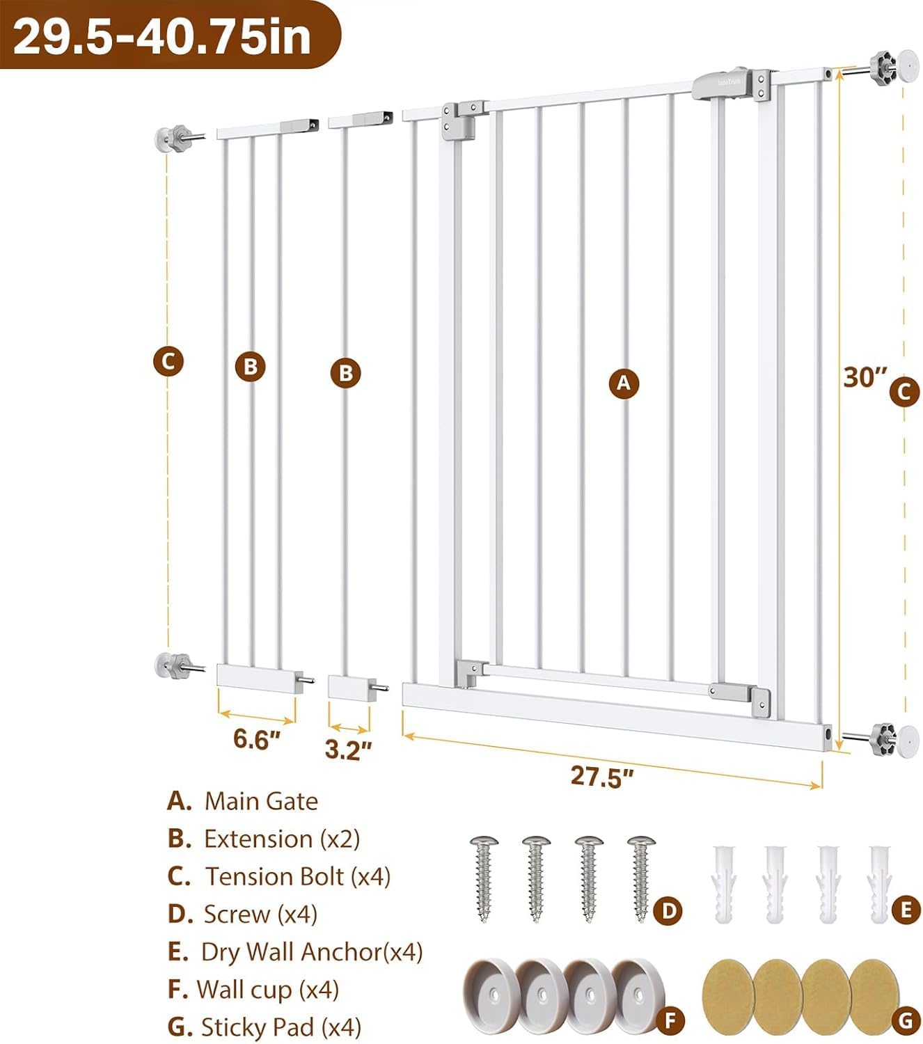 InnoTruth 29.5–40.75 Baby Gate for Stairs, 30 Tall Dog Gates for Doorways & Hallways, Safety Gate for Kids & Pets, Pressure-Mounted Walk-Through with Dual Lock & 2-Way Swing, White