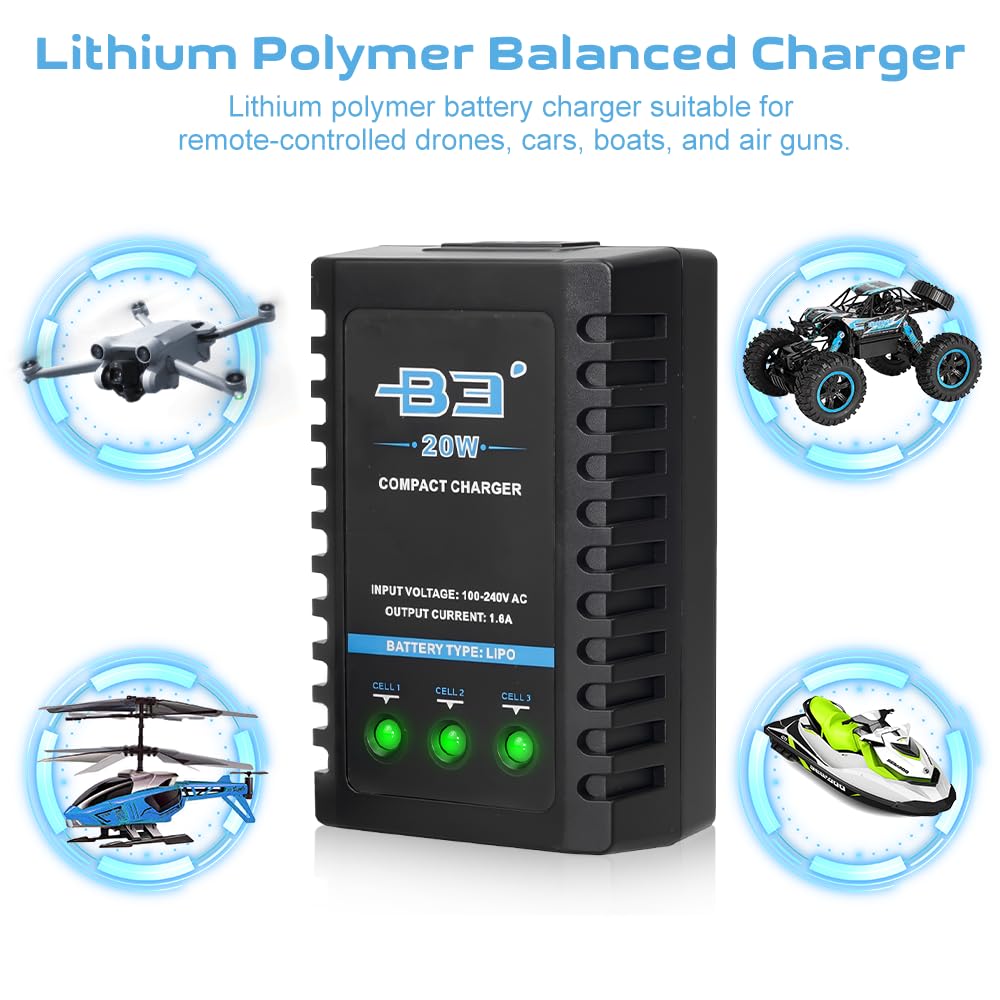 B3 Lipo ładowarka 20 W do akumulatora 2S 3S (7,4 V, 11,1 V), Lipo Charger Balancer z wtyczką XH-3P i XH-4P, 1600 mA RC ładowarka do samochodów RC, łodzi, dronów i broni Airsoft