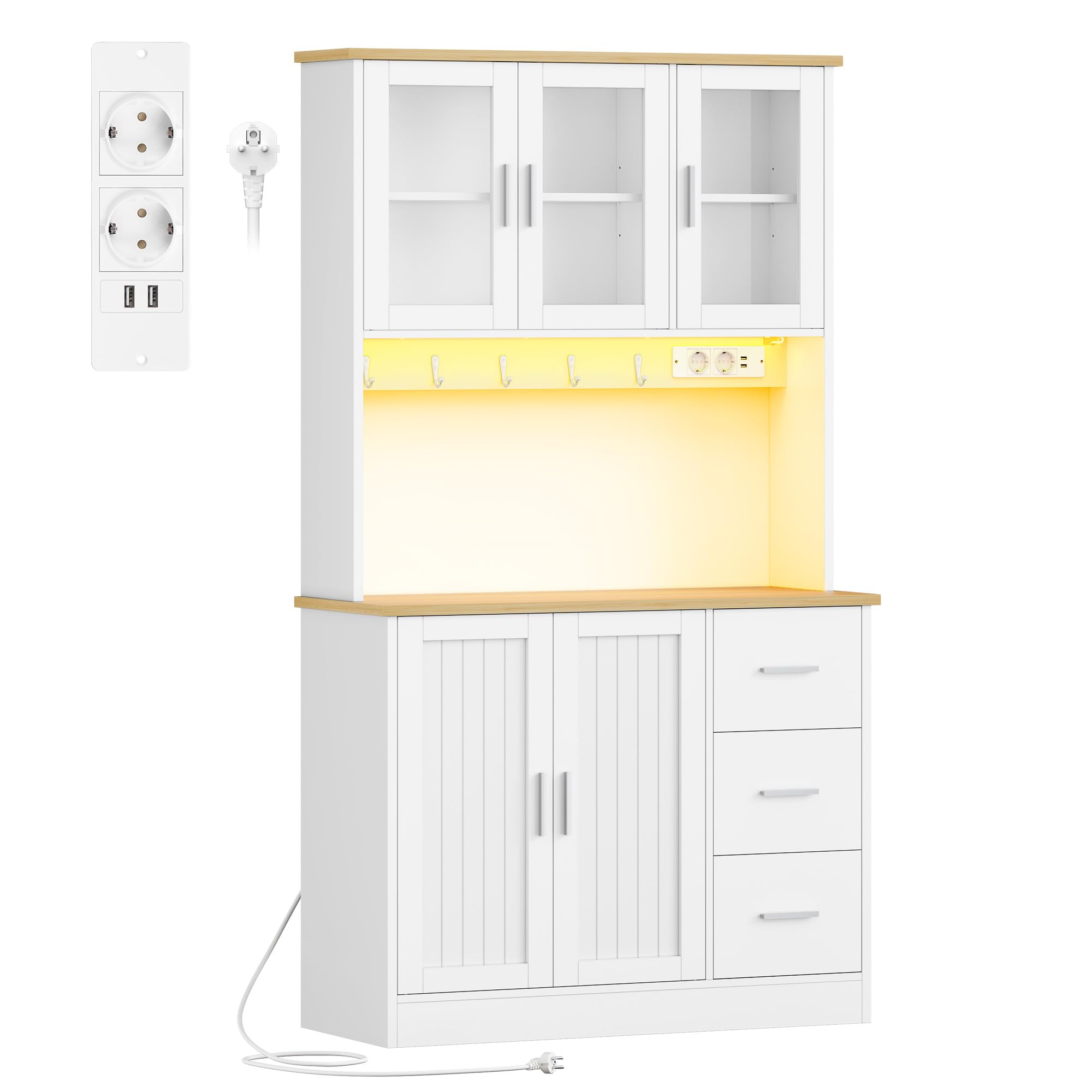 Hzuaneri Armario Cocina Alto, con Toma y Tira LED, 40 x 100 x 180 cm | Estante 6 Niveles Tras Puerta, 5 Puertas y 3 Cajones, Para Cocina o Salón, Blanco-Roble PT10303XEU
