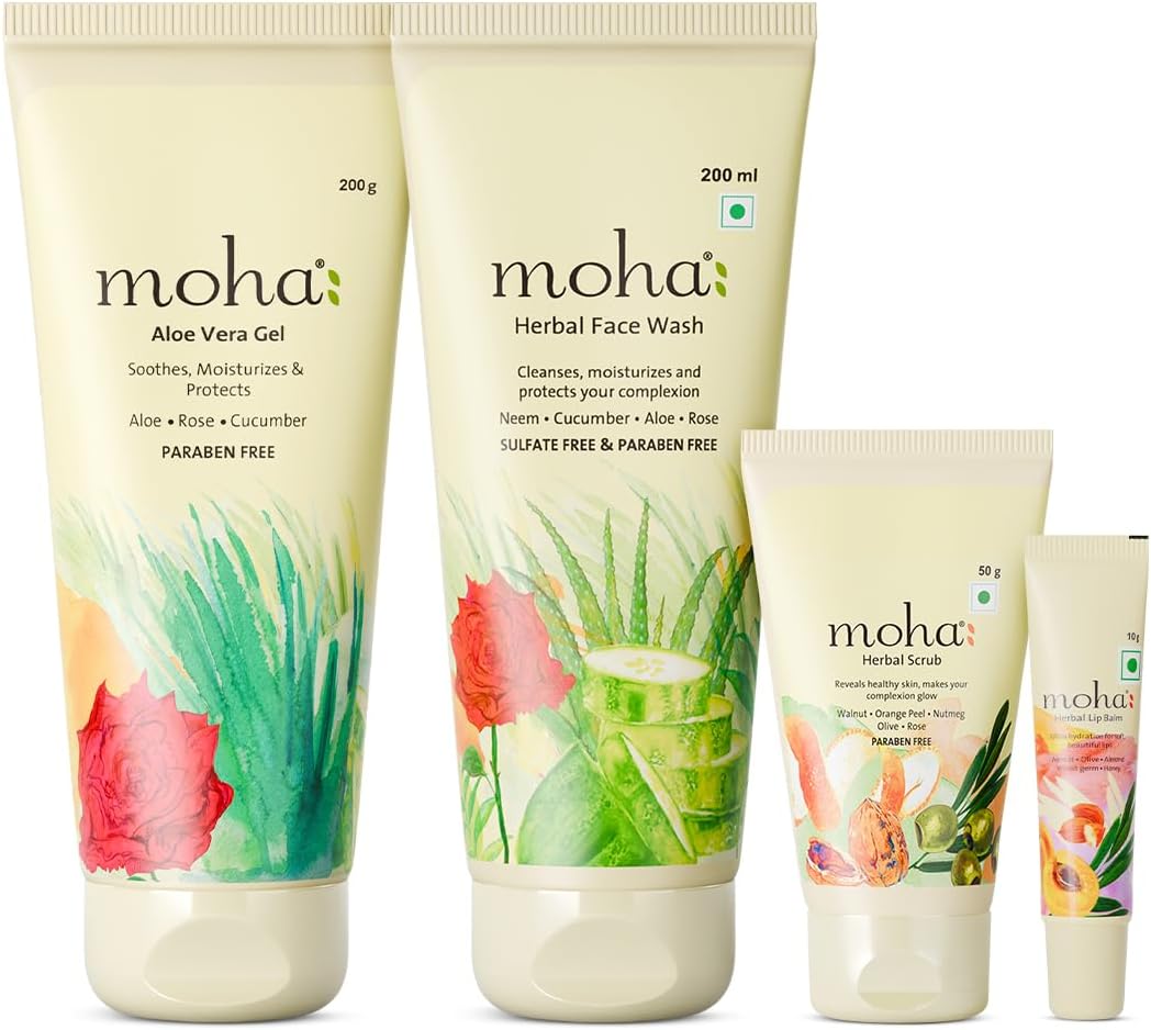 moha: Face Essentials Kit For Men & Women Includes Face Wash (200 Ml), Aloe Vera Gel (200 Ml), Herbal Scrub (100Gm) & Lip Balm (10Gm) For Soft & Healthy Skin.