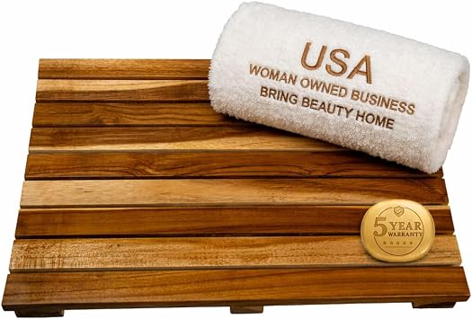 EcoDecors Eleganto 23" Teak Bath Mat Non-Slip Waterproof Bathroom Floor Mat | Wood bath mat promotes quick drainage and airflow, helping keep bathroom floors cleaner and drier