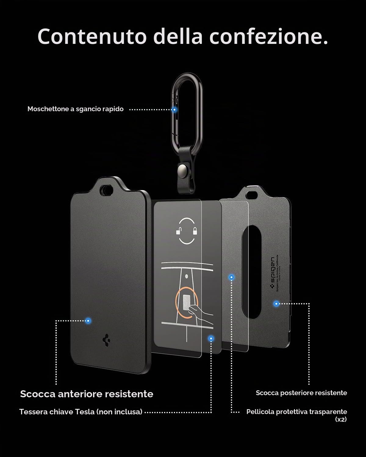 Spigen Portachiavi per Key Card Tesla [2 Pezzi] Porta Tessere con Moschettone , Porta Carte, Accessori per Tutti i Modelli e Generazioni Tesla (~Model 3 Highland 2026, Model Y Juniper, S, X) - Nero