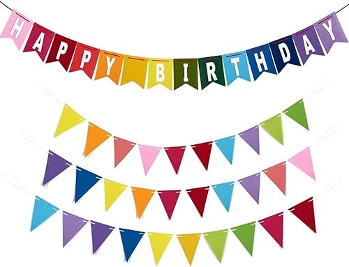 Cartel de feliz cumpleaños arcoíris de 8 pies con 3 banderas coloridas de fieltro (6 pies) para decoraciones de fiesta