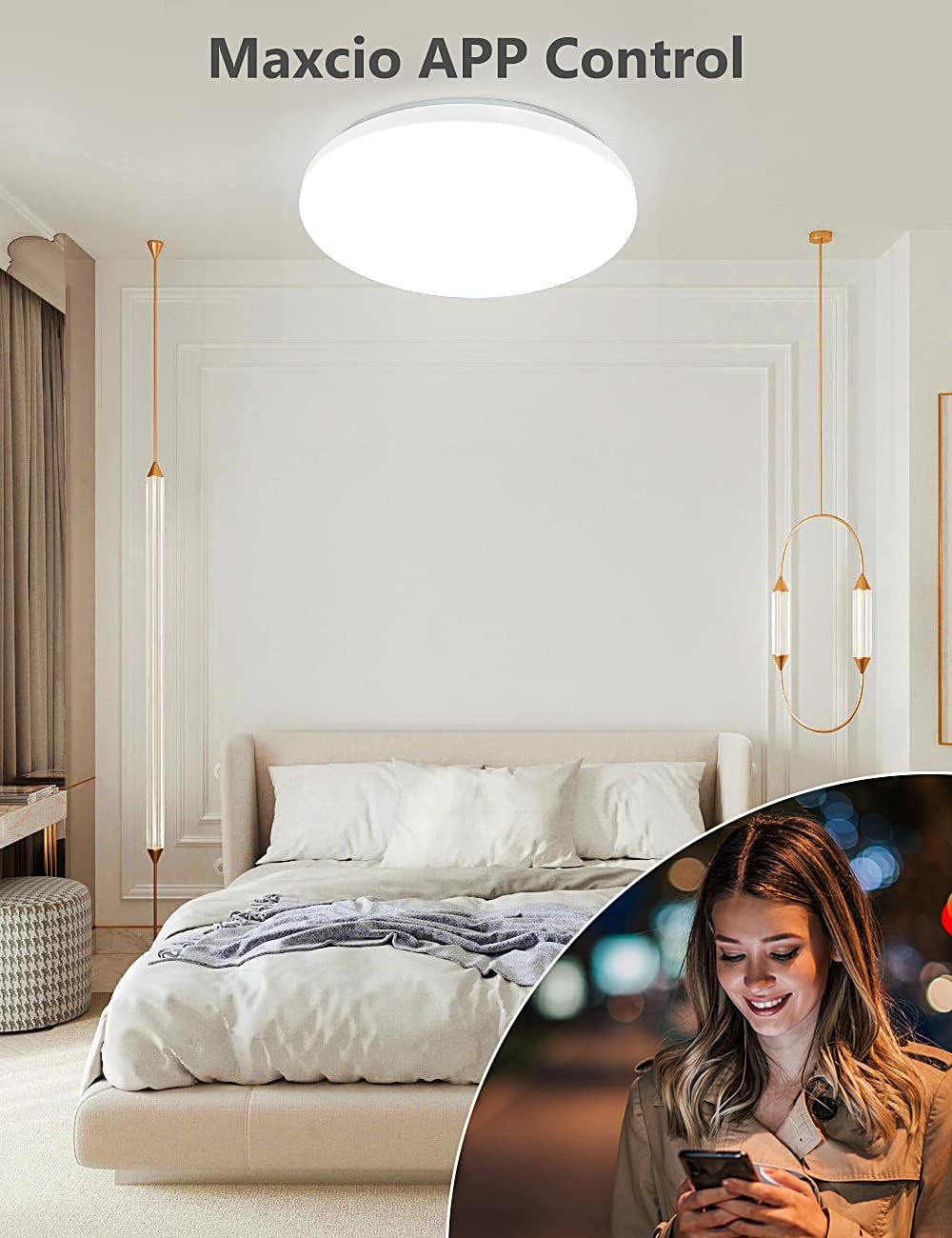 Maxcio App control interface shown on a smartphone, with the ceiling light installed in a bedroom.