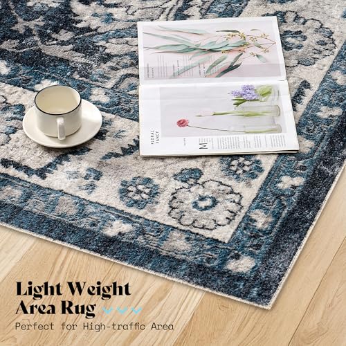 Image of AMERLIFE 5'x8' Wilton Collection Area Rug, Durable Low Pile Non-Slip Washable Rug for High Traffic Areas, Distressed Vine Pattern Vintage Rug for Living Room, Bedroom, Dining Room, Blue /White