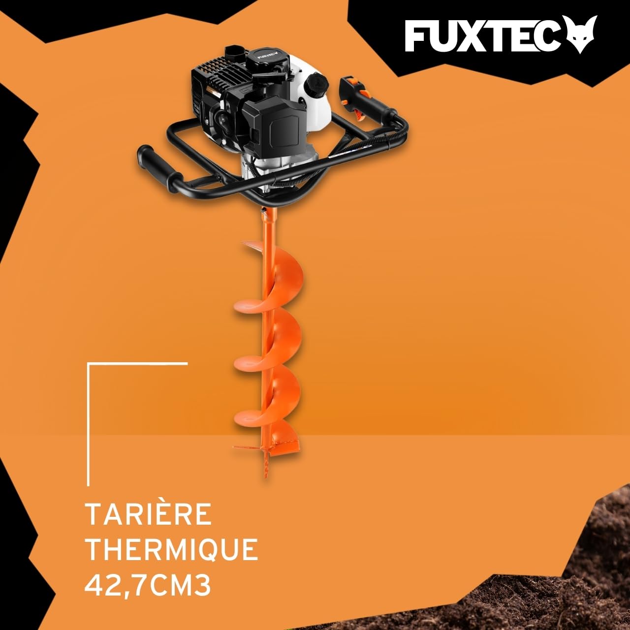 FUXTEC Tarière Thermique FX-EB143ECO - Moteur 2 Temps 42,7cm³ 1,25kW - Idéale pour la Plantation et Clôtures - Réducteur Intégré - Ergonomique & Compact - Forets Ø100/150mm Inclus – Réservoir 1L