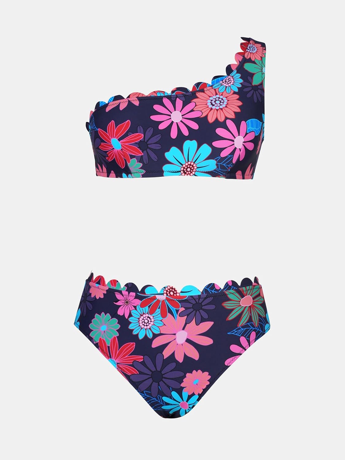 CUPSHE Women's Bikini Sets Two Piece Bathing Suit One Shoulder Mid Rise Scalloped Wide Strap Back Hook - Image 6
