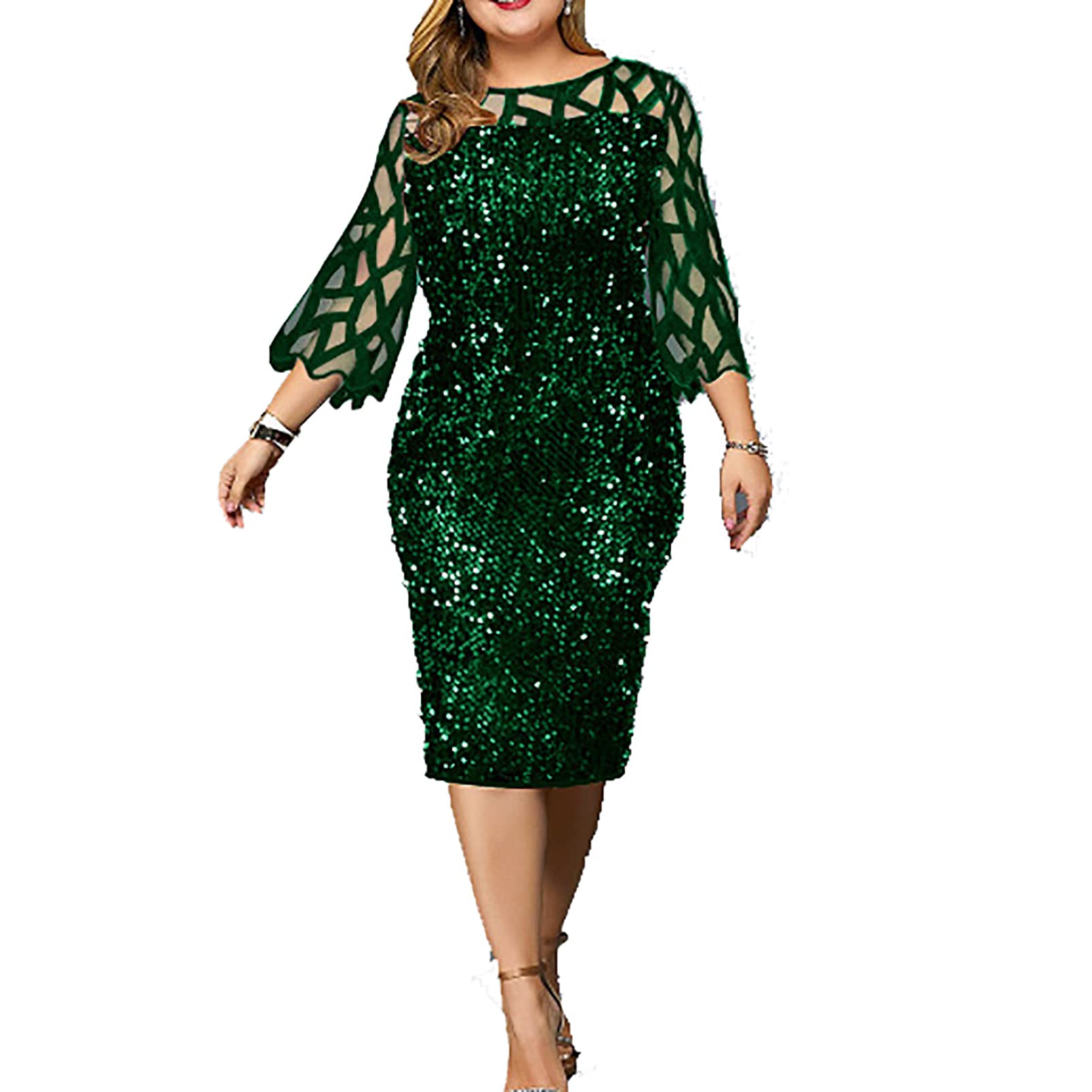 Vestido de Noche Manga Larga Cuello Redondo Malla Corte Ajustado Vestido de Cadera Vestido de Cóctel Vestido de Fiesta de Noche Vestido de Dama de Honor con Lentejuelas