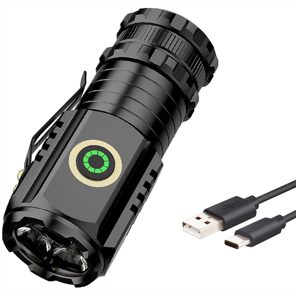 Mini LED Flashlight Rechargeable USB C Charging, Portable Flashlights Powerful Max 2550 Lumens with 5 Light Modes, Pocket Flashlight with Clip, Magnetic Flashlight for EDC, Camping, Hiking (Black)