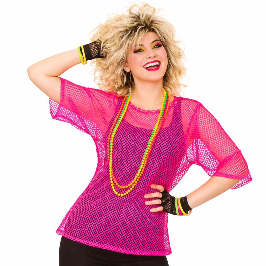 Wicked Costumes Adult Unisex 80s Mesh Top Fancy Dress – Neon Pink Fishnet Shirt Retro Disco Party Festival Outfit - Plus Size (UK 12-16)