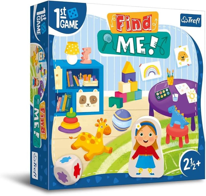 ഗെയിം കഥാപാത്രങ്ങളും ഘടകങ്ങളും ഉൾക്കൊള്ളുന്ന വർണ്ണാഭമായ കളിമുറി രംഗം കാണിക്കുന്ന ട്രെഫ്ൾ ഫൈൻഡ് മി! ഗെയിം ബോക്സ്.