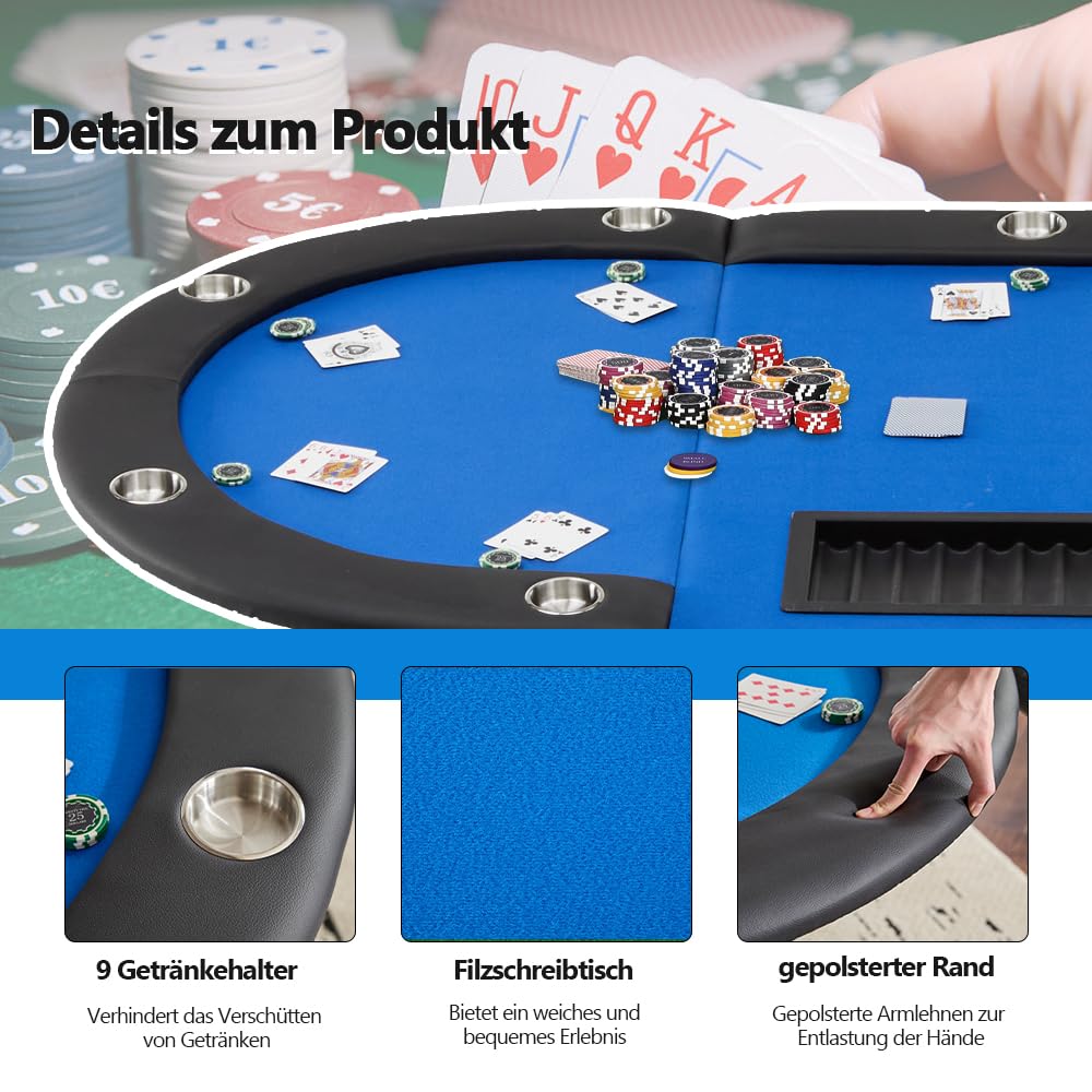 Mingone Oval Pokertisch Klappbar 208x106 cm mit Getränkehalter aus Edelstahl, gepolsterte Armauflage blau