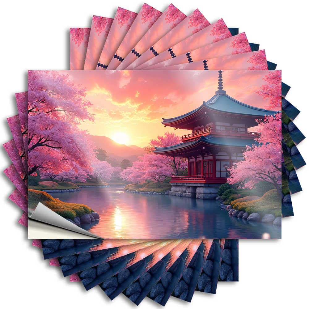 Fzfn Colour Fire Sticker, Room Door Decor Door Cherry Blossom Serenity: A Japanese Temple At Sunset | Funny Quote Billiard Decals(6X9cm)