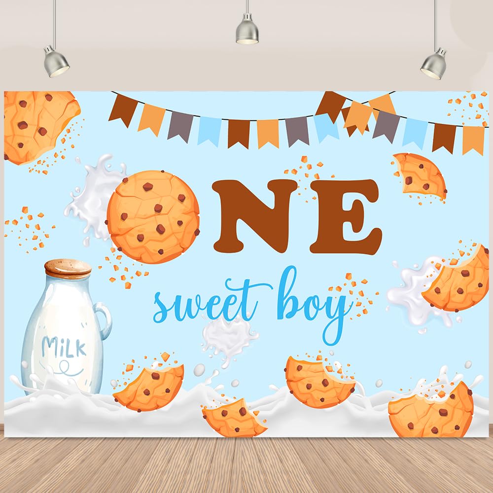 1st Birthday Backdrop Blue One Sweet Boy Birthday Backdrops for Photography Cookies Milk Bottle Background Decorations Banner Supplies 5x3Ft