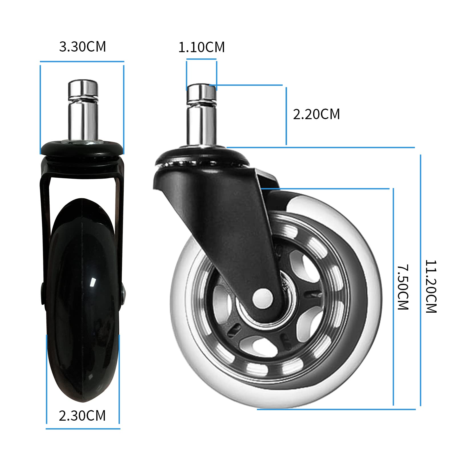 Bürostuhl Rollen, 5er Set Hartbodenrollen Schaftgröße 11-22mm Bürostuhl-Räder Ersatzrollen Gummi Bürostuhlrollen für Teppich und Parkettböden Schwarz