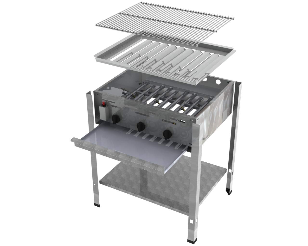 STAND Gastro Edelstahl Gasbräter 3 flammig 13,5 KW f. Propangas + Grillrost + Untergestell + Gasschlauch, Gewerberegler und SBS (Standgerät, Gastronomie Kocher - Wurstbräter, Gasgrill Gasherd, Bräter)