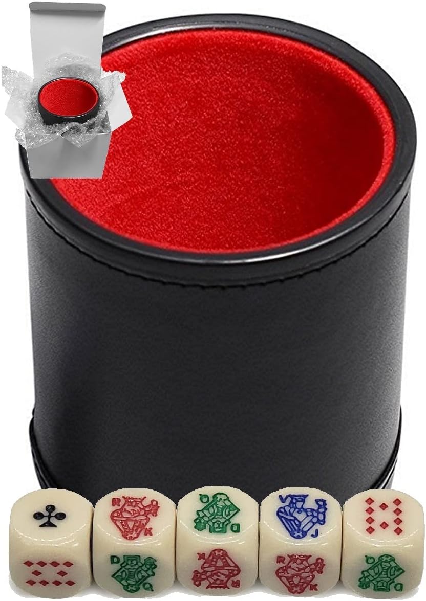 Set of 16mm Ivory Tone Poker Dice Rounded Corners and Black PU Leather Dice Cup Plush Felt Lined - Gift Boxed (Red Lining)