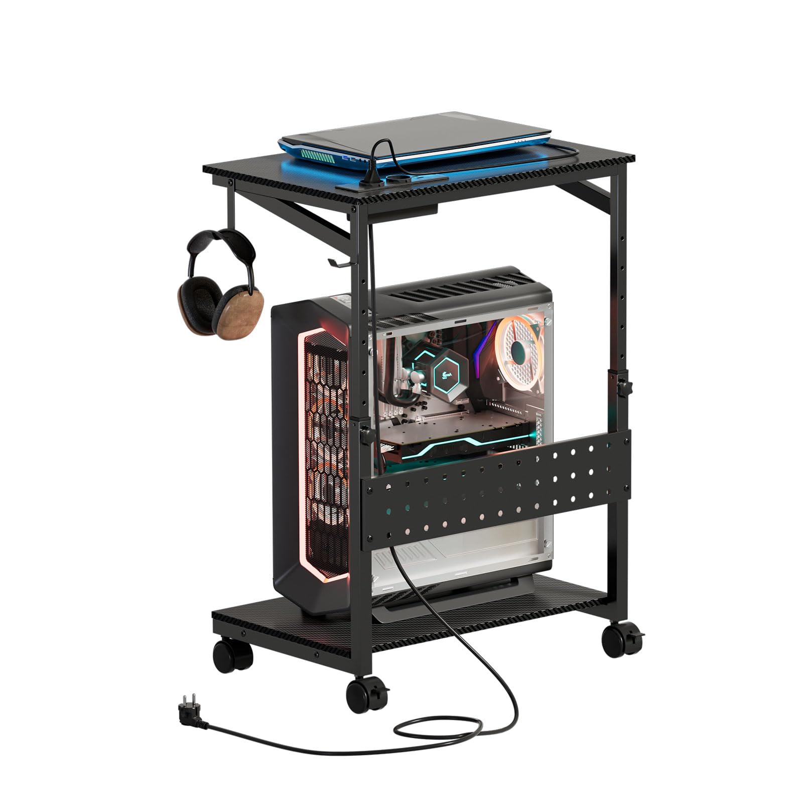 Height Adjustable Computer Tower Stand,2-Tier PC Tower Stand with 4 Casters,Rolling Holder with Pegboard&2 Hooks,Fits Most Computers,PC Trolley for Gaming Desk Accessories,Printer,W60xD40xH59-82.55cm