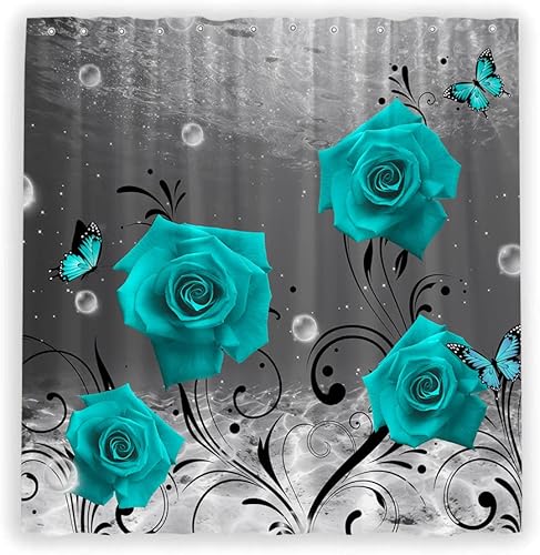 Miniatura 3 de Cortinas de ducha con diseño floral turquesa, rústico, gris, océano, verde azulado, rosa, mariposa, planta, gota de agua, burbujas submarinas,