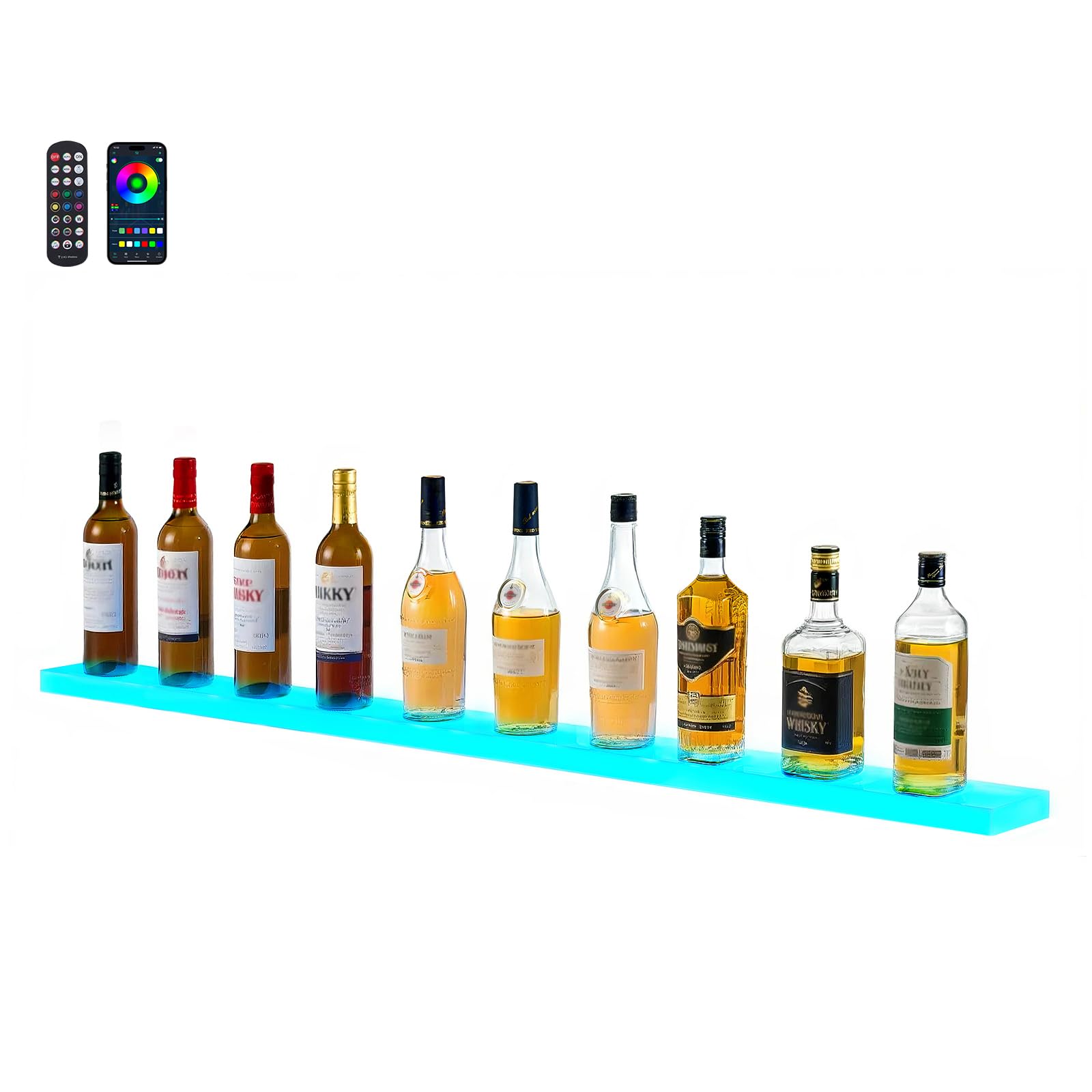VEVOR LED Lighted Liquor Bottle Display, 1 Tier 60 Inches Whiskey Rack, Supports USB, Illuminated Home Bar Shelf with RF Remote &amp; App Control, 7 Static Colors, Acrylic Lighted Shelf for 15 Bottles